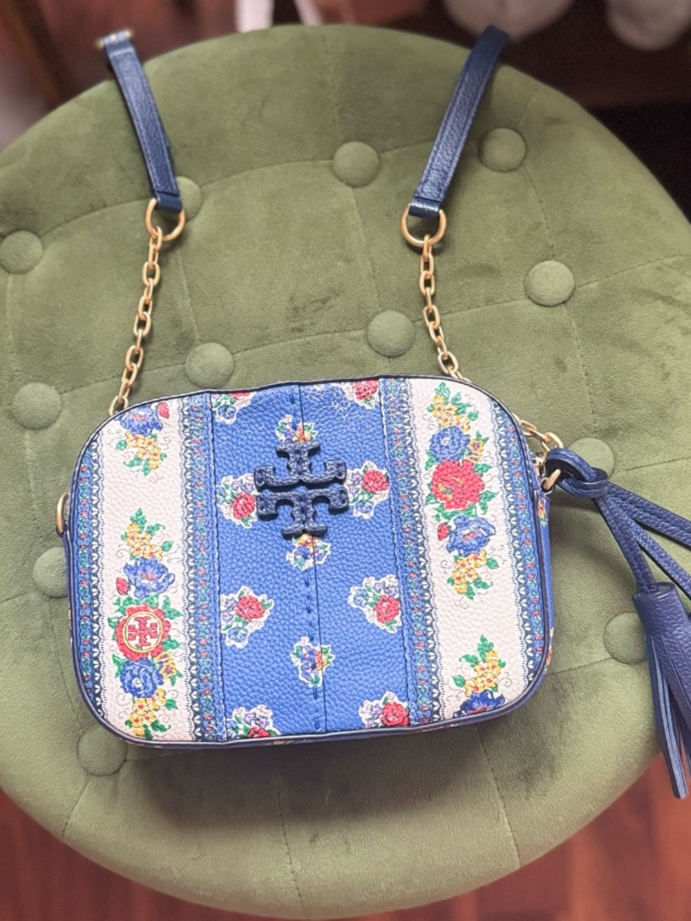 Tory Burch Blue Floral Leather Crossbody with Tassel